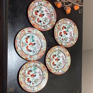 Vintage Chinese rooster porcelain plates x5 . Hand painted Hong Kong 1960s